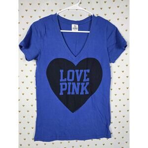 Victorias Secret PINK Blue V neck HEART LOVE Tee shirt Vintage Y2k Medium